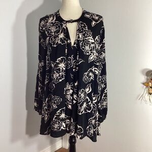 Free People Black & White Floral Long Sleeve Tunic Top Womens Small